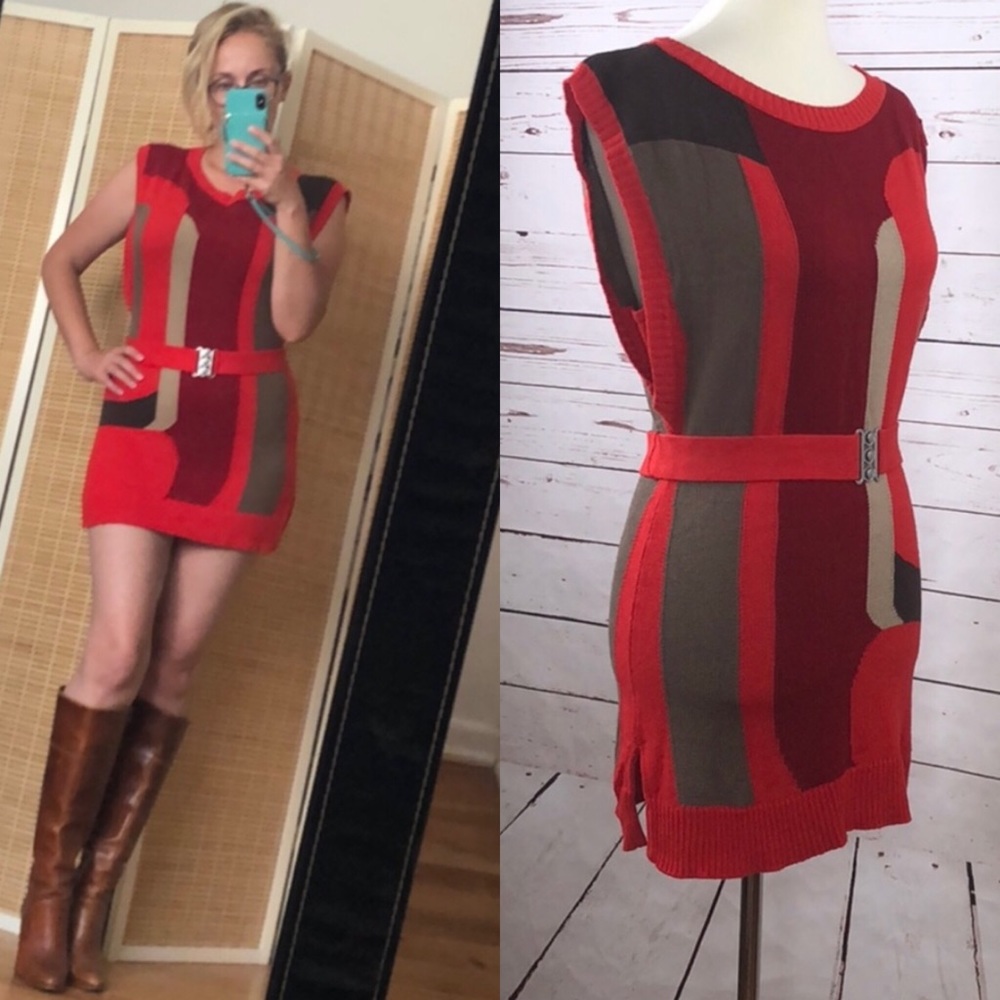 DKNY Jeans Sweater Knit Colorblock Dress in red S